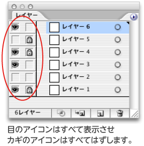 目のアイコンは全て表示させカギのアイコンははずします