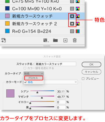 パネル内の項目右側の特色アイコンをWクリックして設定を変更