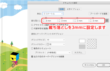 配置設定のトリミングで「裁ち落とし」を選択